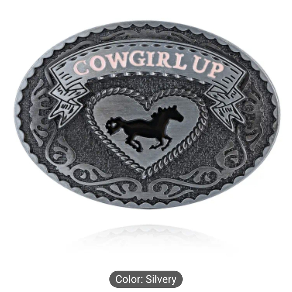Cowgirl Up Western Belt Buckle Horse Heart Design, Silver Tone, T3MISB3B